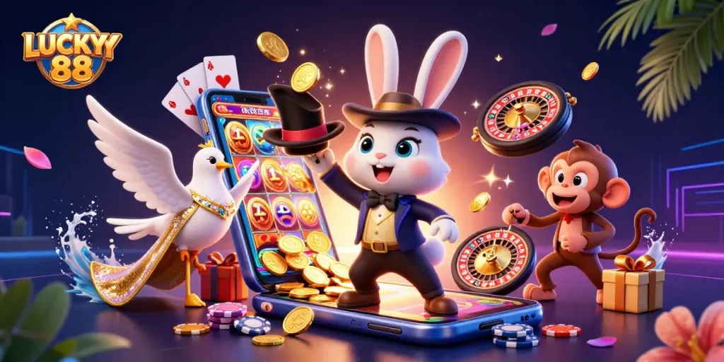 LUCKY88 features a magician rabbit and monkey with casino elements, enticing gamblers with wins.