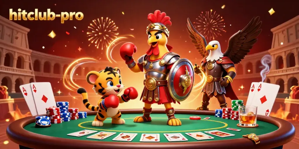 Engage in thrilling gameplay at hitclub-pro with a vibrant 3D illustration of a gladiator rooster and poker elements.
