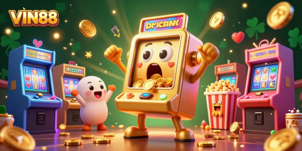 Experience the thrill of VIN88 slots as golden coins burst from a jubilant slot machine, surrounded by playful arcade elements.