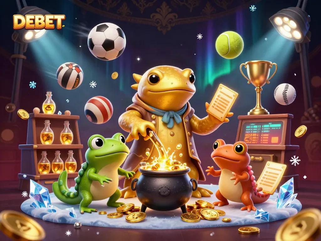 Experience thrilling sports betting adventures with DEBET's dynamic 3D illustration of gold, games, and excitement.