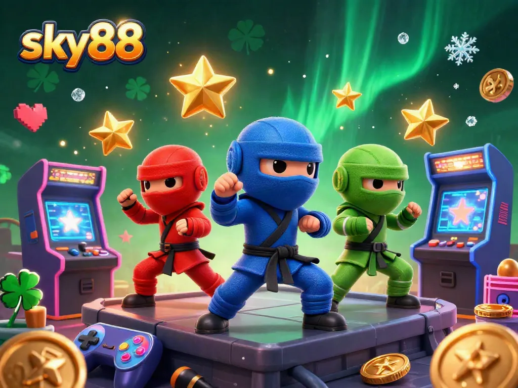 Engage with sky88's vibrant world of entertainment featuring colorful chameleons and arcade gaming, highlighting thrilling action.