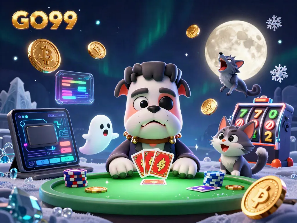 Join the fun at GO99, where the Frankenstein bulldog deals cards amid vibrant casino elements.
