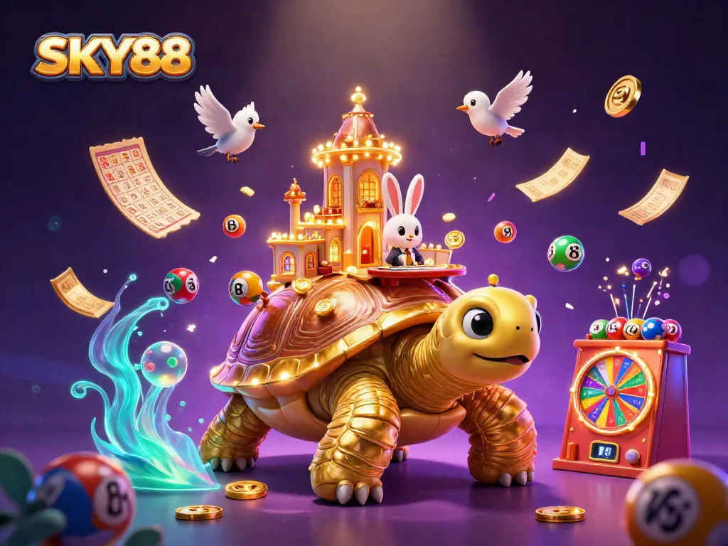 SKY88 Casino illustration featuring a golden tortoise with a casino and flying coins, enhancing gambling excitement.