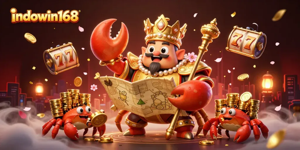 Experience thrilling gameplay at indowin168 with a vibrant casino scene featuring a golden crab emperor and slot reels.