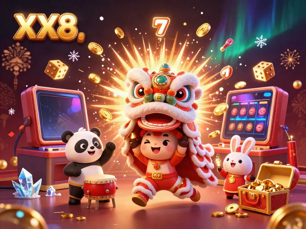 Experience the excitement of XX8 with lively lion dance characters, slot machines, and vibrant casino elements.
