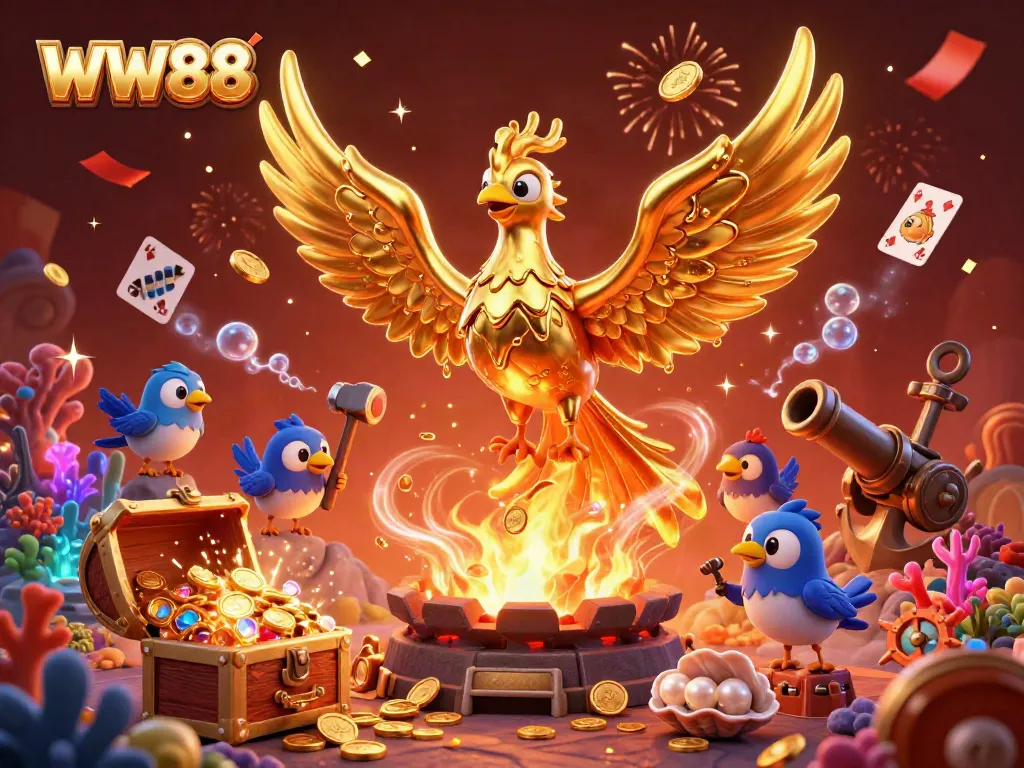 Engaging illustration of WW88 featuring a golden phoenix and vibrant casino elements amidst celebratory effects.