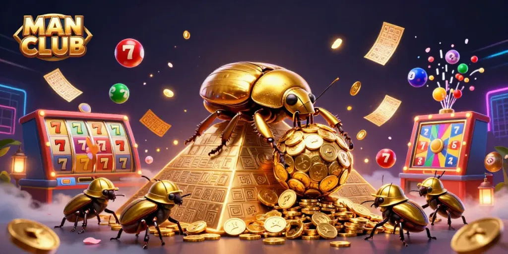 MAN CLUB features a golden beetle rolling coins amidst a vibrant casino scene with dynamic lottery elements.