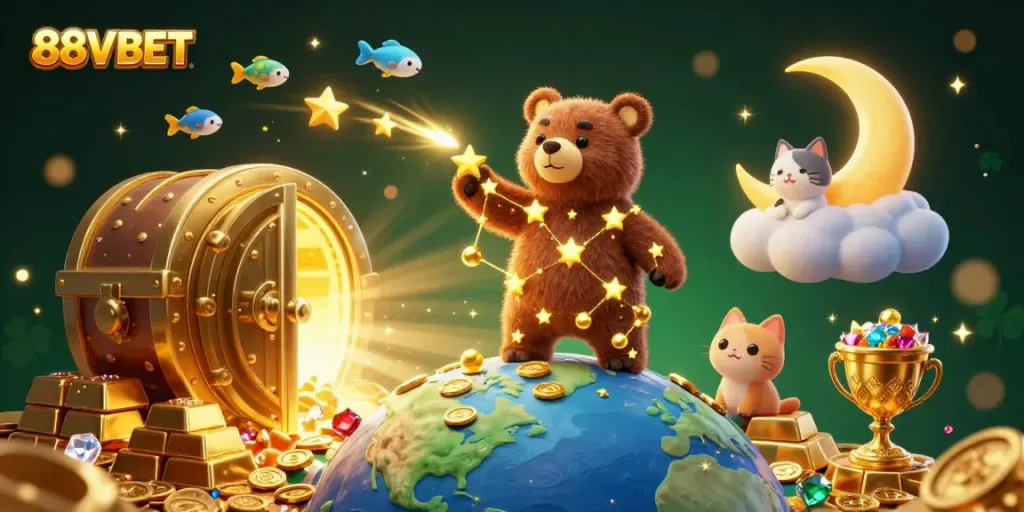 Experience the magic of 88VBET with treasures, stars, and coins in a vibrant casino scene.