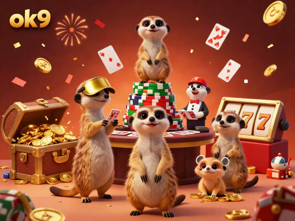 Experience the fun-filled casino excitement at ok9 with lively meerkats, gold coins, and vibrant decorations.