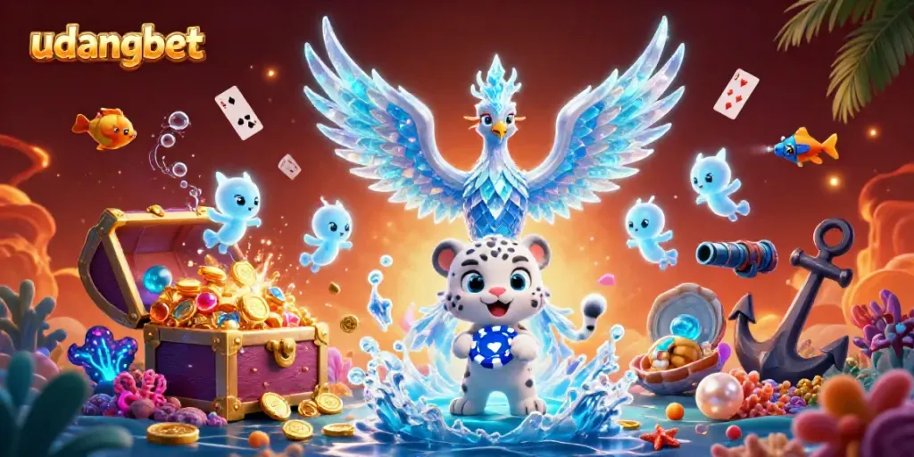 Experience the thrill of udangbet with a captivating scene of a phoenix, snow leopard, and magical underwater treasures.
