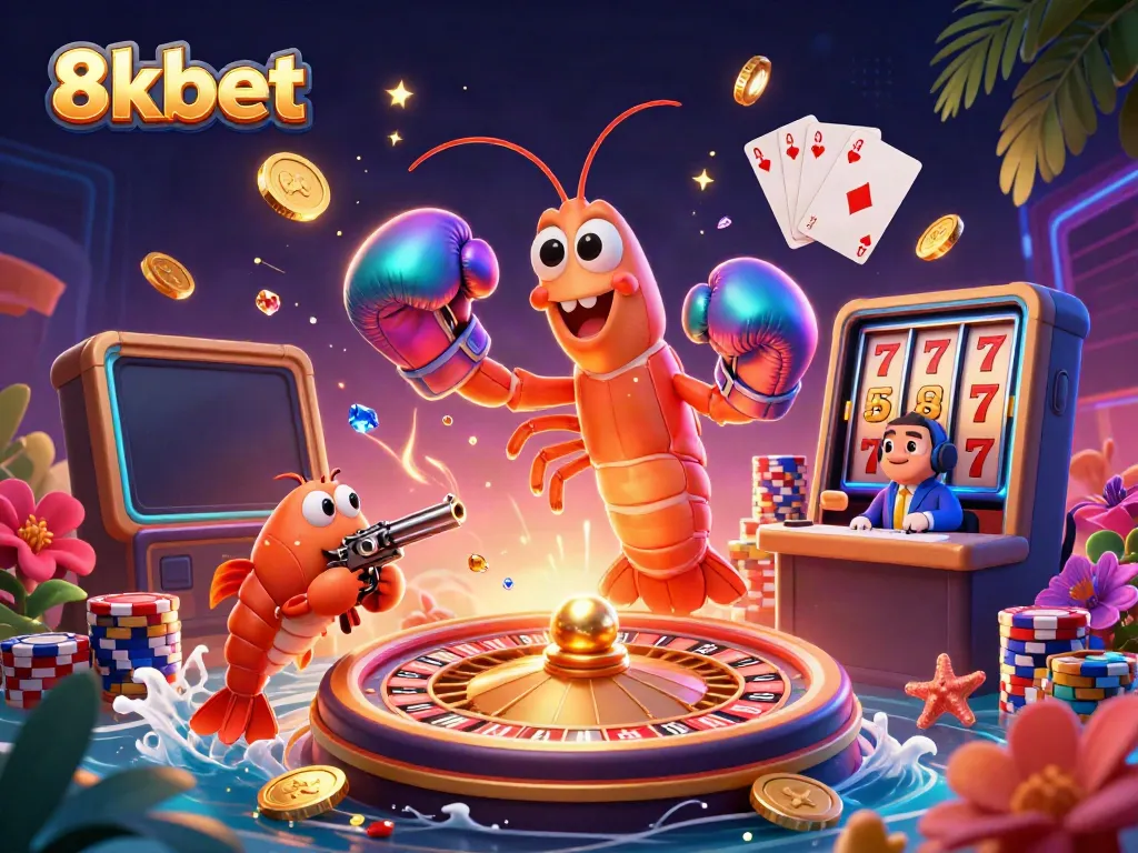 Join exciting casino adventures with 8kbet as characters celebrate wins surrounded by vibrant game elements.