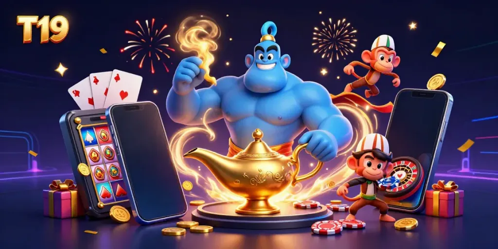 Engage with T19 by exploring a vibrant, action-packed casino scene featuring a genie, monkey, and magical elements.