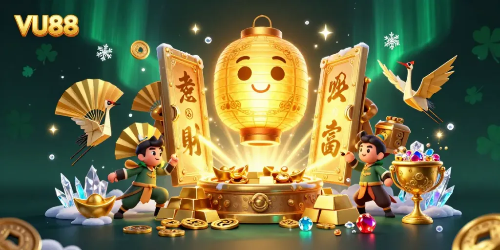 Experience VU88's exhilarating casino atmosphere with golden lanterns, rich jewels, and engaging warriors.