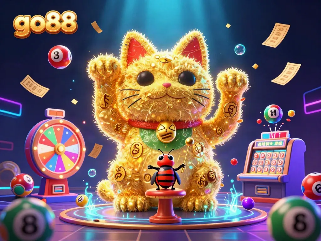 Experience the excitement of go88 with vibrant 3D casino elements and a lucky cat, perfect for online gaming.
