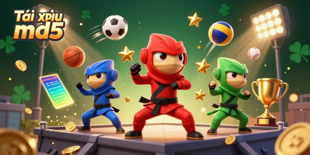 The Tài xỉu md5 ninjas showcase synchronized poses amidst sports elements in a vibrant gaming scene.