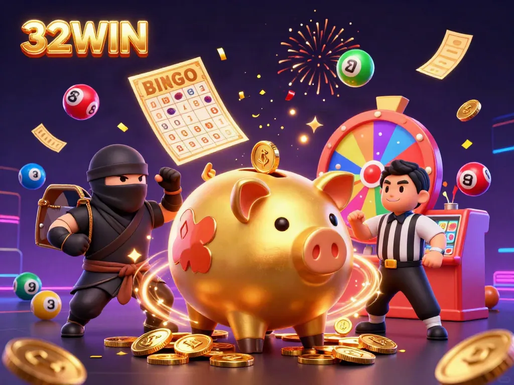 Experience the thrill of 32WIN with a dynamic scene featuring vibrant characters and gaming elements.