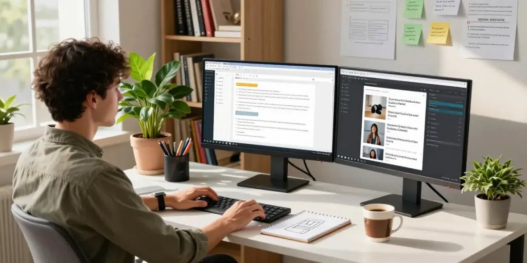 Content creator analyzing UploadArticle.com performance in modern home office