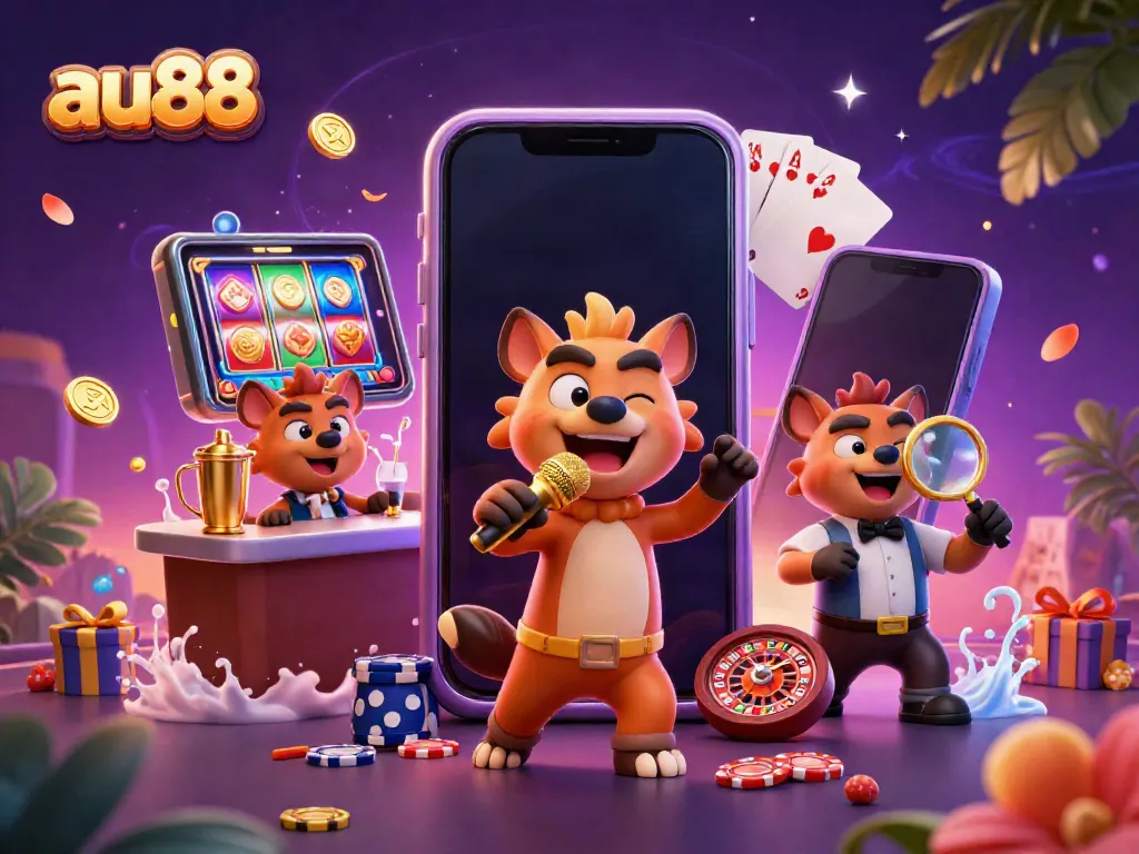 Experience the vibrant energy of au88 casino, featuring animated hyenas in a tropical gambling paradise.