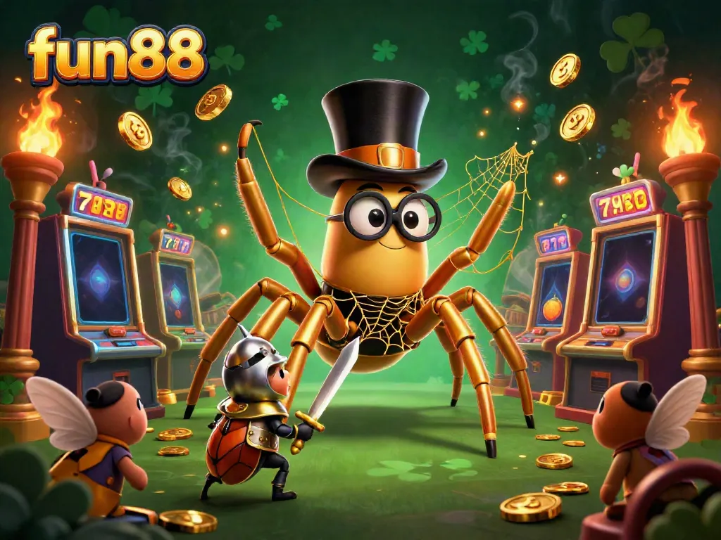 Experience fun88's vibrant casino adventure with a golden tarantula and playful beetle knight.