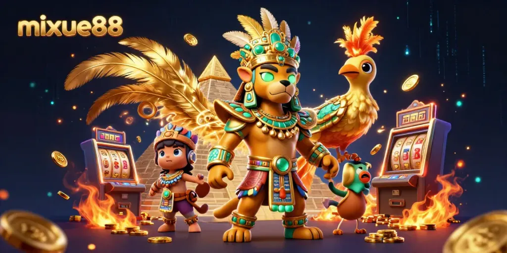 Berpartisipasi dalam permainan slot yang mengesankan di mixue88, dengan karakter menarik di sekitarnya.