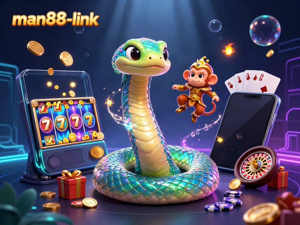Spin the reels with luck at man88-link, featuring a lively casino scene with colorful characters and slots.
