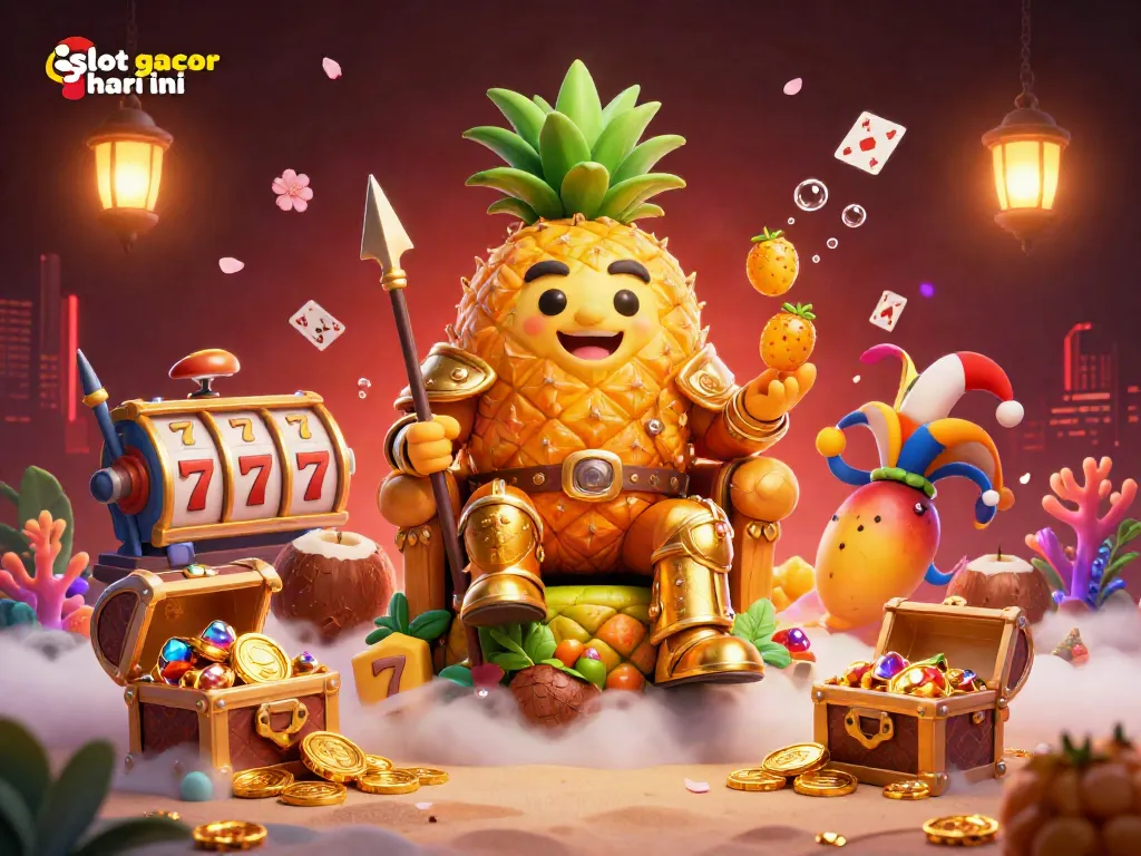 Engaging scene featuring slot gacor hari ini characters in a vibrant beach casino with golden treasures and playful elements.