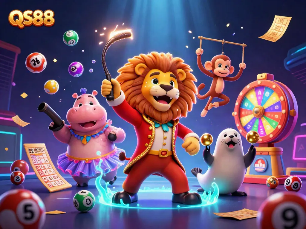 Experience thrilling games at QS88 with cartoon characters celebrating wins and vibrant casino elements!