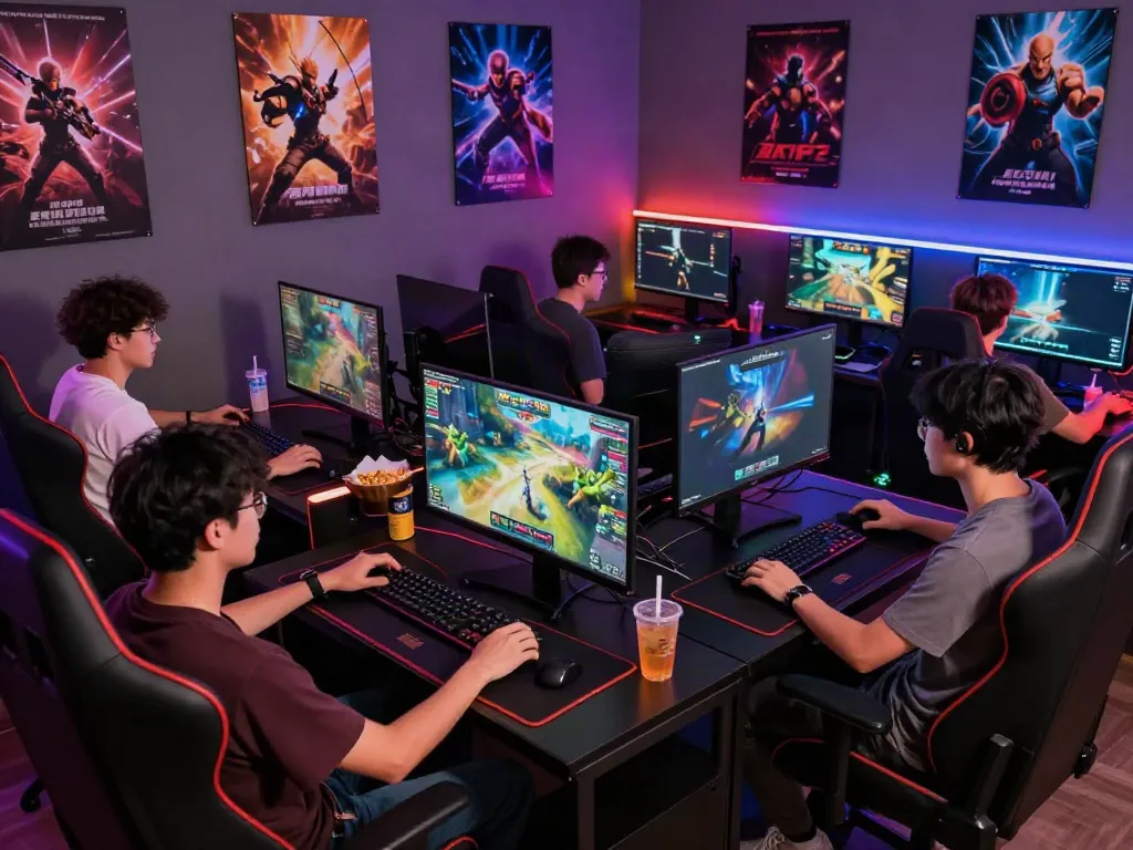 Pengalaman bermain gim online di ruang modern yang penuh semangat, dengan pemain terlihat serius memainkan ngawitoto.