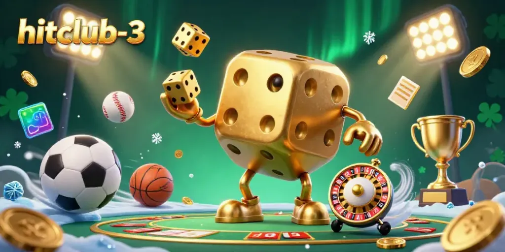 The hitclub-3 animated scene demonstrates a golden dice golem juggling, surrounded by sports elements for an engaging gambling experience.