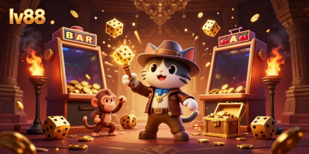 Experience the excitement of lv88 with this vibrant casino-themed adventure illustration.