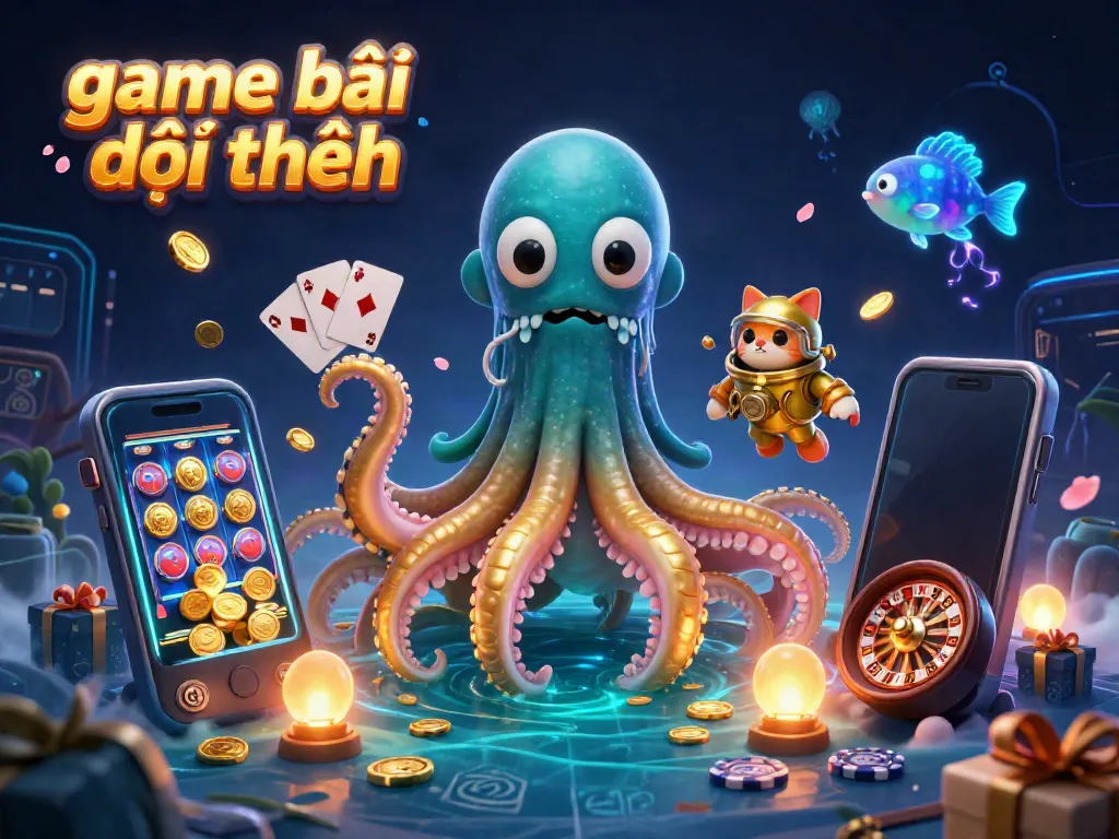 Engage in thrilling gameplay with the game bài đổi thưởng as depicted in a dynamic 3D scene featuring a legendary kraken.