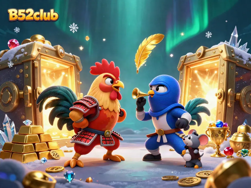 Capture the spirited duel of B52club's roosters in dramatic casino-themed action.