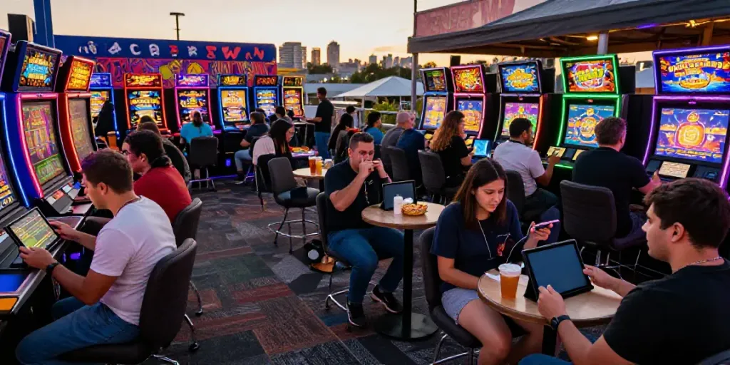 Group enjoying kayu77 online gaming with excitement in urban setting.
