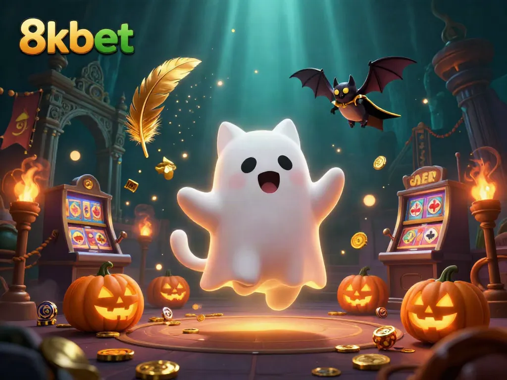 Experience the thrill of 8kbet's haunted casino with a friendly ghost cat and games around.