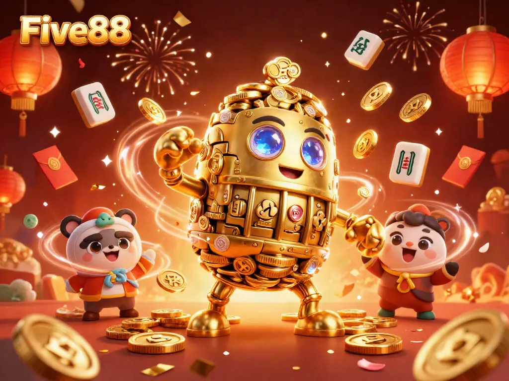 Experience the excitement of Five88 casino with a golden golem surrounded by festive gaming elements.