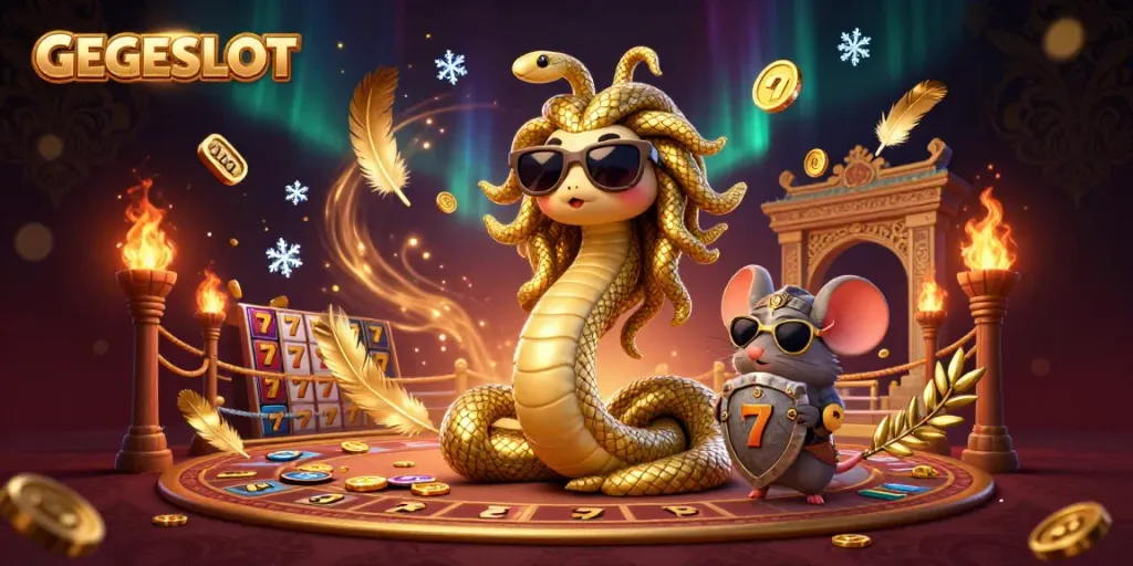 Bet on GEGESLOT with a vibrant 3D illustration featuring Medusa and a warrior mouse in a lively casino scene.