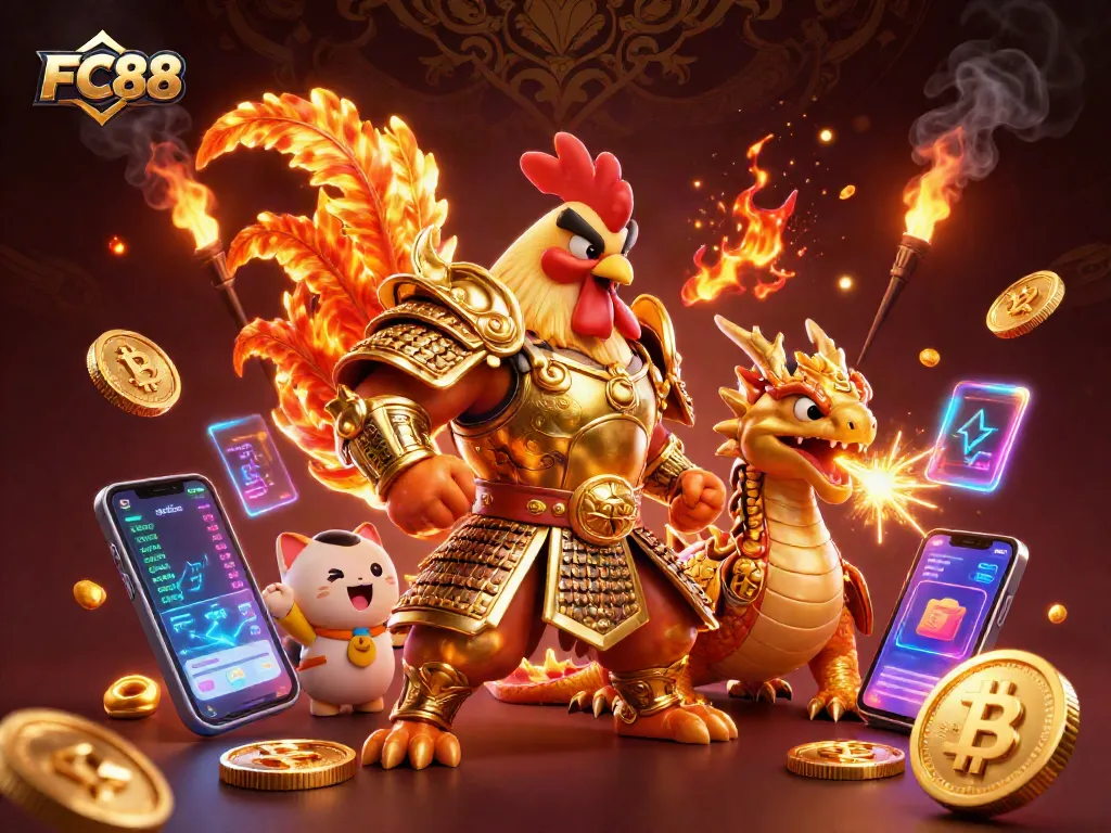 Join the action at FC88 with thrilling games, as a majestic rooster warrior and dragon breathe excitement into your gaming experience.