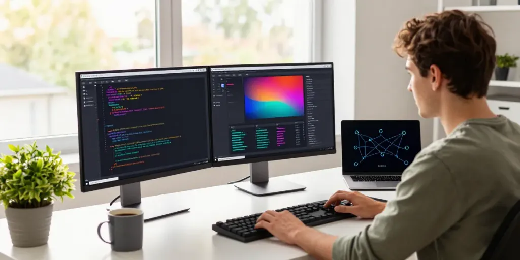 Developer coding the Internet Money wallet interface on dual monitors, showcasing cryptocurrency transaction data in a bright tech workspace.