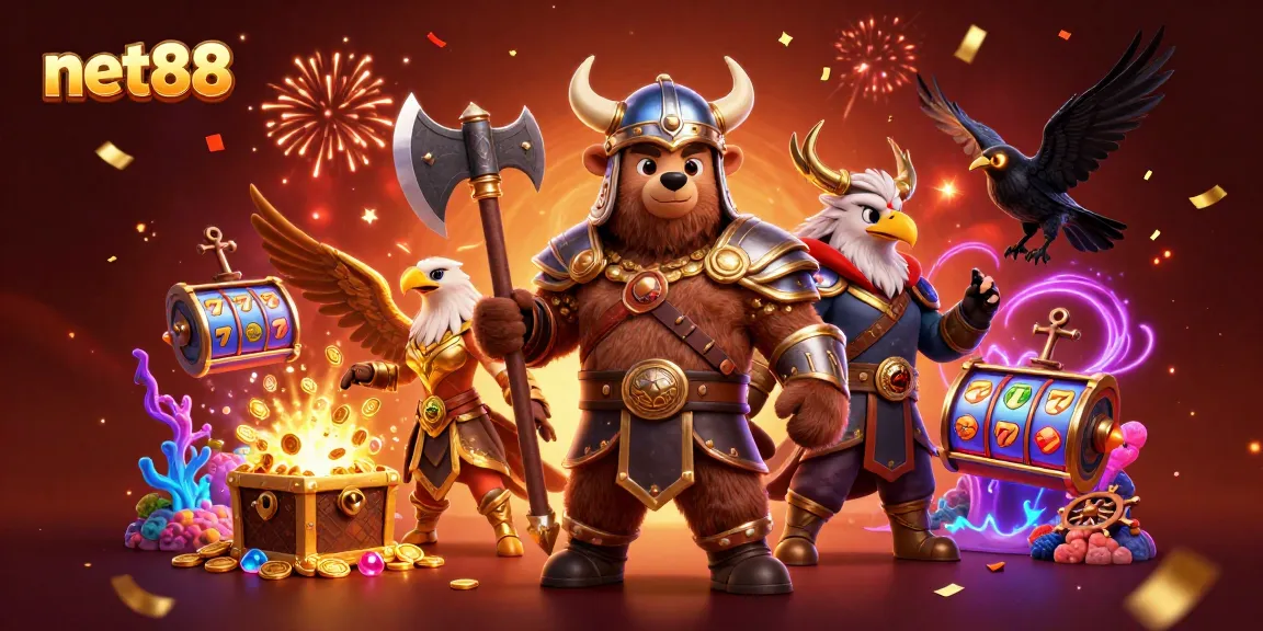Spin and win big at net88 with a Viking bear and Valkyrie eagle in an action-packed setting.
