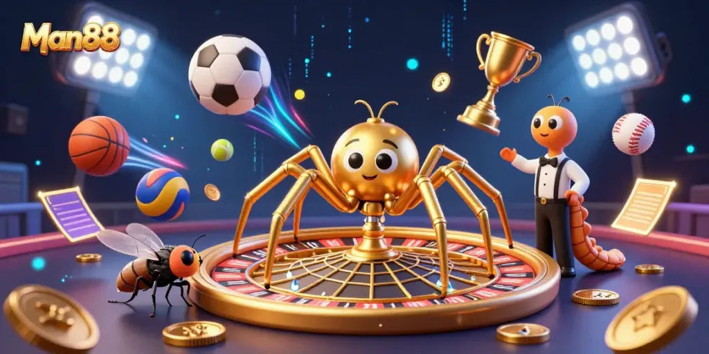 Experience the thrill of betting with Man88 as a golden web spins a roulette wheel surrounded by sports excitement.