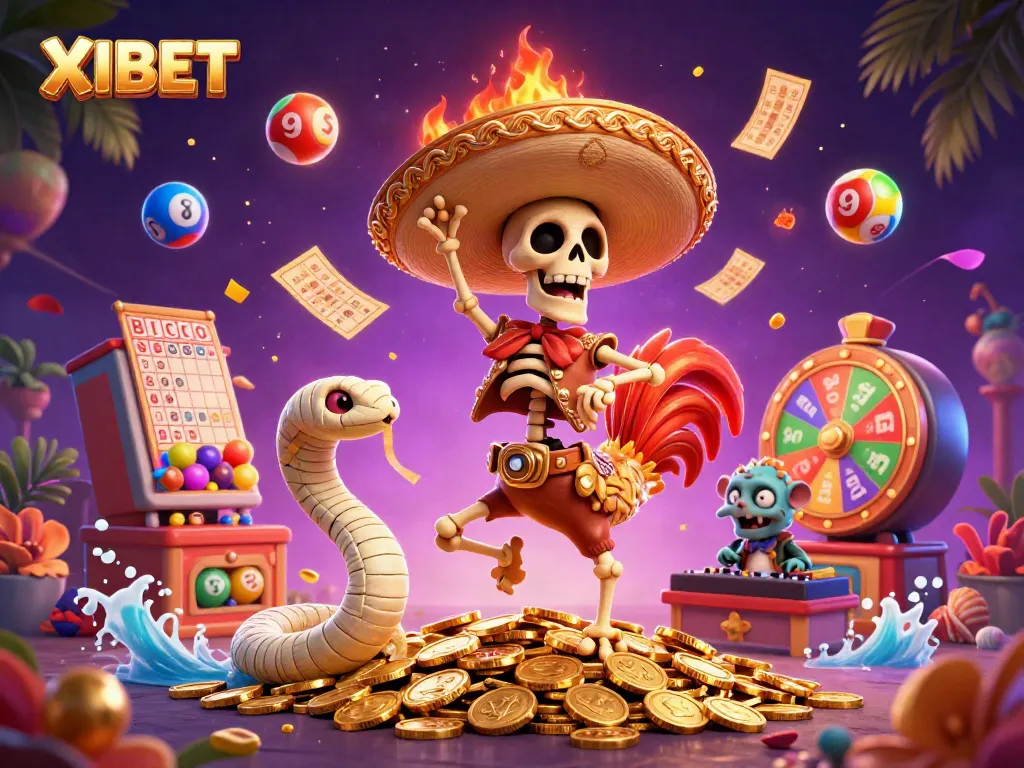 XIBET showcases a colorful casino scene with a skeleton mariachi rooster dancing atop golden coins.