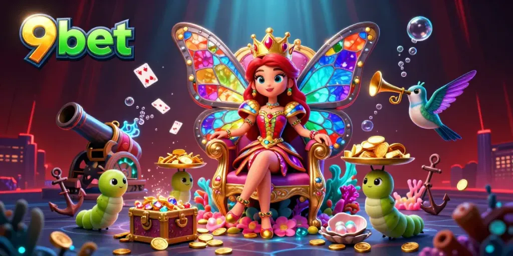 Experience thrilling online gaming at 9bet with a colorful butterfly queen in a vibrant casino-themed scene.