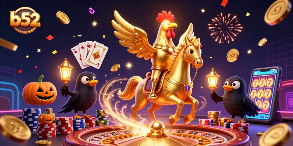 Spin the b52 reels surrounded by golden coins and festive characters in an electrifying casino scene.