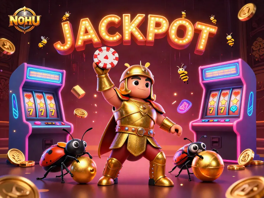 Experience the thrill of NOHU with a victorious beetle lifting a poker chip among vibrant casino elements.