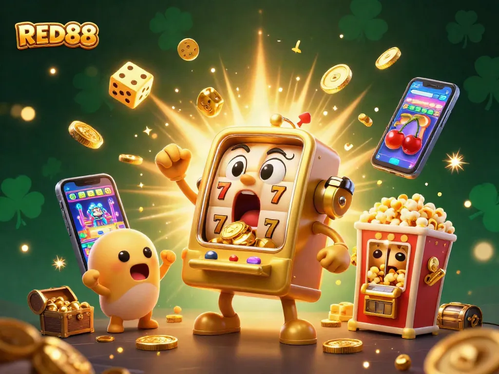 Experience the excitement with RED88 as the golden slot machine hits a jackpot surrounded by cheering baby slots.