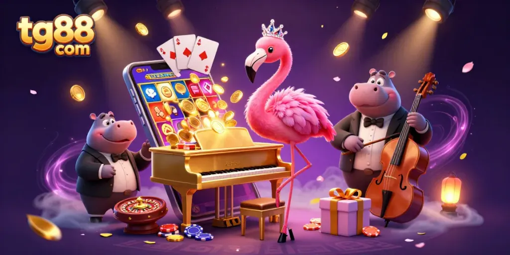 Experience the excitement of tg88 com with vibrant gambling scenes featuring the flamingo lounge singer and hippo bassist.