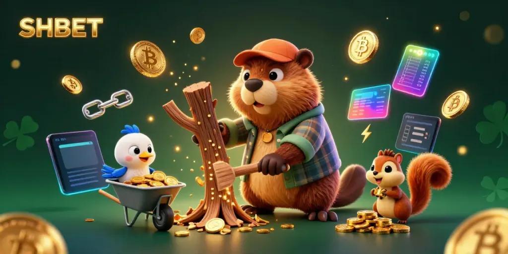 Engage with SHBET as a beaver collects winnings in this vibrant 3D casino-themed illustration.