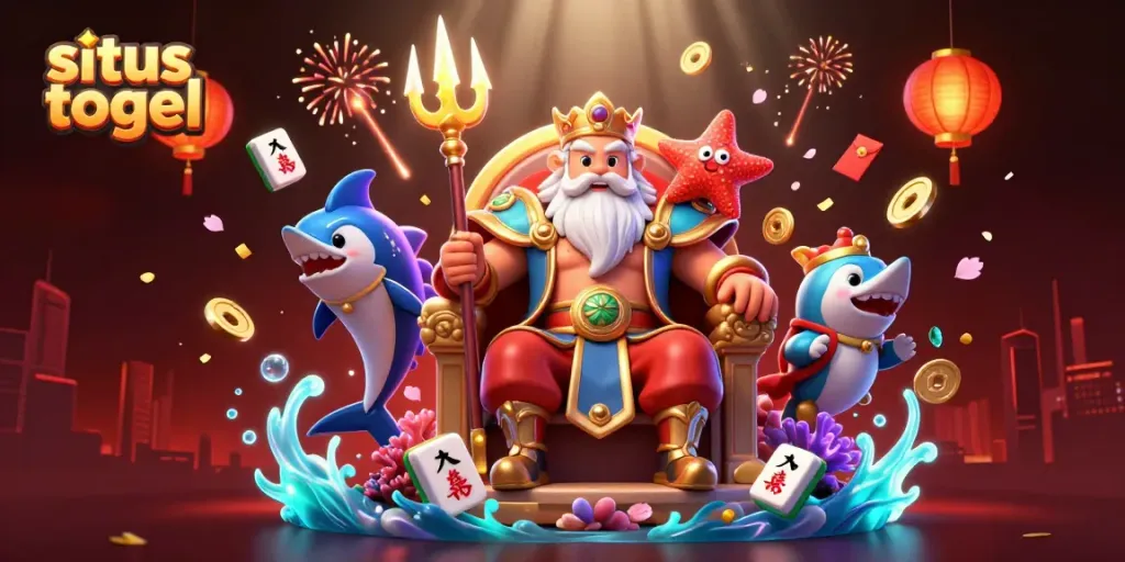 Experience the vibrant world of situs togel with Neptune and his guardians amidst an animated casino scene.