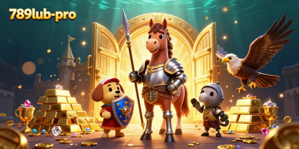 Join the adventure with 789lub-pro: a knight, squire, and falcon amidst treasures and jewels.