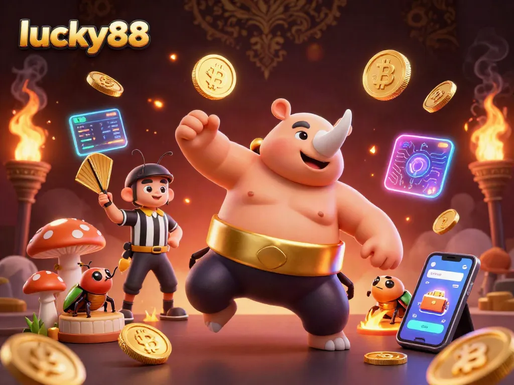 Experience lucky88 with a blue-chip casino scene featuring a beetle champion amid flying coins and vibrant crypto elements.